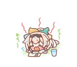  1girl barefoot blush_stickers brown_hair chibi closed_eyes colored_shadow commentary_request cup drinking_glass flying_sweatdrops highres holding holding_pen hololive hot kazama_iroha lying mitarashi_neko on_stomach open_mouth pen ponytail shadow shirt short_sleeves simple_background solo translation_request virtual_youtuber water wavy_mouth white_background white_shirt 