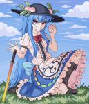 1girl bangs black_footwear black_headwear blue_hair blue_skirt blue_sky boots bow bowtie center_frills clouds food frilled_skirt frills fruit full_body grass grin hat highres hinanawi_tenshi holding holding_food holding_fruit leaf long_hair looking_at_viewer moonii_desu peach puffy_short_sleeves puffy_sleeves rainbow_order red_bow red_bowtie red_eyes short_sleeves sitting skirt sky smile solo sword_of_hisou touhou