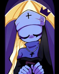  1girl black_dress black_veil breasts capelet closed_eyes colored_skin commentary_request cross cross_necklace crown cxolzayti1bx36l dress facing_viewer floating_hat friday_night_funkin' from_below glowing hat_tip highres jewelry long_sleeves mini_crown necklace no_eyebrows no_mouth no_nose nun nun_headdress pearl_necklace pillarboxed purple_background simple_background small_breasts solo taki_(friday_night_funkin') two-sided_veil u_u upper_body veil white_capelet white_skin yellow_veil 