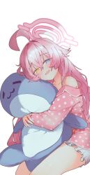  1girl absurdres ahoge blue_archive blue_eyes fang halo heterochromia highres hoshino_(blue_archive) long_hair looking_at_viewer open_mouth pajamas pink_hair pink_halo rishe_(reeeeshe) white_background yellow_eyes 