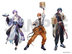  3boys 3skm_(nijisanji) alternate_costume arm_up bamboo_steamer black_boots black_hair black_pants boots chinese_clothes closed_mouth commentary cup full_body hair_between_eyes holding holding_plate holding_tray kaisei_(nijisanji) kitami_yusei kuji-in long_hair long_sleeves male_focus multicolored_hair multiple_boys nijisanji official_art orange_hair orange_pants pants pants_tucked_in parted_bangs parted_lips plate ponytail purple-tinted_eyewear purple_hair round_eyewear sakaki_ness sample_watermark short_sleeves side_ponytail simple_background streaked_hair teacup teapot tinted_eyewear tray virtual_youtuber watermark white_background wide_sleeves xia_(ryugo) yellow_eyes 