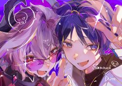  2boys agu_0218 alternate_costume artist_progress black_horns black_shirt blue_pupils casual character_name choppy_bangs collared_shirt contemporary crossed_bangs diamond-shaped_pupils diamond_(shape) dragon_boy dragon_horns dragon_wings durin_(genshin_impact) eyewear_on_head facial_mark forehead_mark gem genshin_impact glint hair_between_eyes hair_intakes hand_up heads_together highres holding horns layered_shirt light_blush looking_at_viewer lower_teeth_only middle_finger multiple_boys open_mouth pink_hair purple-framed_eyewear purple_background purple_hair red_eyes red_gem red_wings redrawn round_eyewear scaramouche_(genshin_impact) shared_speech_bubble shirt speech_bubble spoken_skull symbol-shaped_pupils teeth turtleneck turtleneck_shirt violet_eyes white_shirt wings 