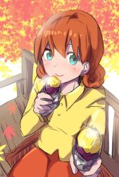  1girl autumn_leaves blush brown_hair closed_mouth collared_shirt commentary_request earrings falling_leaves green_eyes incoming_food jewelry leaf long_sleeves medium_hair on_bench penny_(stardew_valley) pov red_skirt shirt sitting skirt smile solo stardew_valley stud_earrings uneru yellow_shirt 