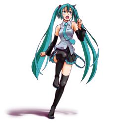  1girl aqua_eyes aqua_hair aqua_necktie aqua_trim arm_at_side arm_warmers bare_shoulders black_arm_warmers black_boots black_skirt boots breasts clenched_hands collared_shirt commentary_request convenient_leg floating_clothes full_body grey_shirt hair_between_eyes hand_up hatsune_miku leg_up long_hair looking_up miniskirt necktie open_mouth pleated_skirt pocket running shirt sidelocks simple_background skirt sleeveless sleeveless_shirt small_breasts solo standing standing_on_one_leg thigh_boots tie_clip transparent_background very_long_hair vocaloid wokada 