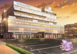  awning bicycle building clouds commentary_request copyright_logo crosswalk dusk hedge hospital lamppost logo mizui_xl no_humans official_art orange_sky outdoors parking_lot scenery sky trash_can vending_machine youko-san_wa_kon_to_naku 