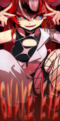  1girl absurdres animal_ears asymmetrical_pants blue_eyes cleavage_cutout clothing_cutout commentary double_v earrings glowing_pupils hakos_baelz hakos_baelz_(6th_costume) highres hololive hololive_english jewelry midriff mouse_ears navel qwq_oekaki red_hair sharp_teeth snake_eyes_(hakos_baelz) squatting teeth v virtual_youtuber 