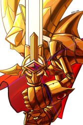  1boy armor artist_name cape excalibur_sonic forehead_jewel full_armor furry furry_male gem gold_armor golden_sword hedgehog_boy helmet red_cape red_gem solo sonic_(series) sonic_and_the_black_knight sonic_the_hedgehog sword taic weapon yellow_helmet 