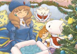 1girl blue_dress blue_hat blush brown_hair capelet character_doll christmas christmas_ornaments christmas_tree closed_eyes closed_mouth clothed_pokemon commentary_request doll dress drill_hair earrings evolutionary_line eyelashes fat_pikachu fur-trimmed_capelet fur_trim hashtag-only_commentary hat highres holding holding_doll indoors jewelry long_hair long_sleeves misty_(pokemon) omochi_(aoi_guruguru) open_mouth pikachu pillow pokemon pokemon_(anime) pokemon_(creature) pokemon_rse_(anime) princess_sarah_(pokemon) puffy_long_sleeves puffy_sleeves red_capelet sitting smile tearing_up togepi togetic twin_drills watermark