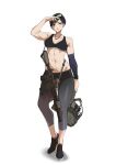  1girl abs airsoft ar-15 assault_rifle backpack bag black_hair blue_eyes detached_sleeves eyewear_on_head glasses gun highres jewelry mole mole_under_mouth necklace original pen_guin15 rifle shoes short_hair sneakers solo sportswear tank_top toned weapon white_background 