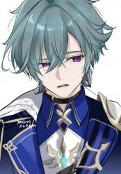  1boy ahoge aqua_hair armor black_choker chest_strap choker commentary_request earrings genshin_impact hair_between_eyes highres jacket jewelry lohen_(genshin_impact) looking_to_the_side male_focus mole mole_under_eye necoco112061 open_mouth pauldrons popped_collar red_pupils shoulder_armor simple_background single_earring single_pauldron solo tassel teeth upper_body violet_eyes white_background wing_collar 
