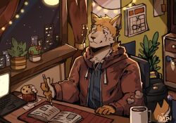  1boy animal_ears artist_logo book cactus calendar_(object) coffee_mug commission computer cup cupcake curtains desk food fox_boy fox_ears fox_tail furry furry_male graysheartart highres holding holding_pen holding_pencil hood hoodie indoors laptop logo male_focus moon mug multicolored_fur musical_note night notebook orange_fur original pen pencil plant potted_plant sitting smile solo steam sticky_note tail thick_eyebrows white_fur window writing yellow_fur 