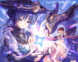  1boy black_bodysuit black_bridal_gauntlets black_hair blue_background blue_cape blue_kimono blue_sleeves blunt_ends bodysuit bridal_gauntlets bright_pupils cape choppy_bangs dragon durin_(genshin_impact) eyeliner fingernails furisode genshin_impact gold gold_ring gurumin_(gurruguru) half-closed_eyes hat japanese_clothes jingasa juban kimono layered_sleeves looking_at_object makeup male_focus mandarin_collar middle_ring mini_durin_(genshin_impact) multicolored_hair open_clothes open_hands open_kimono purple_hair purple_hat purple_rope red_eyeliner rope scaramouche_(genshin_impact) short_sleeves shoulder_peek side_cape small_dragon star_(symbol) streaked_hair tsurime violet_eyes vision_(genshin_impact) wanderer_(genshin_impact) watermark white_kimono white_pupils white_sleeves white_trim 