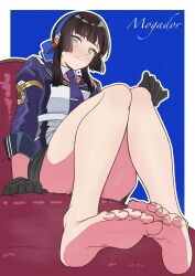 1girl barefoot black_gloves black_hair black_skirt blue_hairband blue_jacket blunt_sidelocks character_name commentary_request feet foot_focus freckles from_below full_body gloves green_eyes hairband highres jacket kantai_collection long_hair military_uniform mogador_(kancolle) nanafumi_(nanafumino) sidelocks sitting skirt solo 