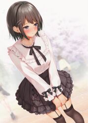  1girl 2others black_bow black_bowtie black_skirt black_thighhighs blurry blurry_background blush bow bowtie breasts buttons cherry_blossoms commentary_request cowboy_shot day depth_of_field embarrassed flying_sweatdrops frilled_shirt frilled_skirt frills garter_straps hair_ornament highres layered_skirt long_sleeves looking_to_the_side medium_hair minato_ojitan multiple_others original outdoors pink_shirt shirt skirt small_breasts solo_focus standing tan thigh-highs x_hair_ornament 