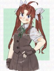  1girl ahoge bike_shorts black_gloves brown_hair collared_shirt commentary_request dress_shirt gloves green_ribbon grey_skirt grey_vest hair_ribbon hand_on_own_hip kagerou_(kancolle) kagerou_kai_ni_(kancolle) kantai_collection long_hair neck_ribbon pleated_skirt ribbon sagamiso shirt short_sleeves skirt solo twintails twitter_username vest violet_eyes white_ribbon white_shirt 