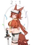  1girl absurdres animal_ears arknights arm_strap cowboy_shot crop_top flametail_(arknights) flametail_(sport_for_all)_(arknights) from_behind head-mounted_display highres official_alternate_costume orange_shirt red_eyes redhead rero_(bigdoorbig2) scarf shirt short_hair_with_long_locks shorts squirrel_ears squirrel_girl squirrel_tail tail white_shorts 