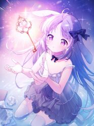  1girl antenna_hair bare_arms bare_shoulders black_skirt blue_background commentary floating floating_object full_body glowing hands_up highres key long_hair momoe_moko original parted_bangs parted_lips pink_eyes purple_hair shirt sitting skirt sleeveless sleeveless_shirt solo spaghetti_strap sparkle strap_slip striped_clothes striped_skirt thigh-highs untranslatable_commentary vertical-striped_clothes vertical-striped_skirt wariza white_shirt white_thighhighs 