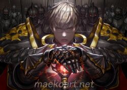  1boy armor bernheim_(king's_raid) bevor breastplate brown_hair chainmail commentary_request couter gauntlets gem glowing gorget helmet highres holding impasto king's_raid maeko_(pixiv17012595) multiple_others own_hands_together painterly pauldrons plate_armor red_eyes red_gem scar scar_on_face scar_on_nose shoulder_armor soldier vambraces 