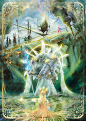  1boy 2girls absurdly_long_hair absurdres artist_name back beard blonde_hair blue_fire bracelet building colored_skin commentary_request crown detached_sleeves europa_(fate) facial_hair fate/grand_order fate_(series) fire gold_bracelet halo highres holding holding_polearm holding_weapon japanese_clothes jewelry liguangze long_hair mechanical_halo miyamoto_musashi_(fate) multiple_bracelets multiple_girls muscular muscular_female olympus_(fate/grand_order) polearm sky toga very_long_hair weapon white_hair white_skin wide_sleeves zeus_(fate) 