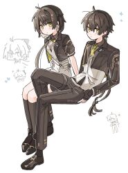  1boy 1girl black_gloves black_hair black_jacket black_pants breasts dress dual_persona female_rover_(perpetual_spark)_(wuthering_waves) female_rover_(wuthering_waves) fingerless_gloves gloves hair_ornament invisible_chair jacket looking_at_viewer male_rover_(perpetual_spark)_(wuthering_waves) male_rover_(wuthering_waves) medium_breasts official_alternate_costume pants rover_(wuthering_waves) shirt sitting tsu_zd white_dress white_shirt wuthering_waves yellow_eyes 