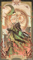  1girl absurdres animal_ear_fluff animal_ears arknights black_cloak black_gloves black_ribbon blunt_bangs border burnt_clothes card_(medium) cat_ears cat_girl chain chinese_commentary cloak commentary_request commission crescent_moon dress elbow_gloves expressionless fire gears gloves gold_chain green_dress green_eyes highres holding holding_pocket_watch hood hooded_cloak kal'tsit_(arknights) looking_ahead medium_hair moon ornate_border pocket_watch ribbon roman_numeral shiling short_sleeves solo standing tarot tarot_(medium) watch watermark weibo_watermark white_hair 