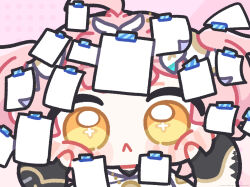  1boy 1girl :< adoptive_parent_and_adoptive_child aemeath_(wuthering_waves) aemeath_(young)_(wuthering_waves) cheek_pull chibi chibi_only closed_mouth commentary english_commentary father_and_daughter hair_ornament looking_at_viewer male_rover_(perpetual_spark)_(wuthering_waves) male_rover_(wuthering_waves) official_art orange_eyes paper_on_head pink_hair portrait pov pov_hands rover_(wuthering_waves) second-party_source solo_focus star-shaped_pupils star_(symbol) symbol-shaped_pupils syurikenmaru wuthering_waves 