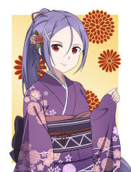  1girl artist_request back_bow bad_id bad_pixiv_id black_bow border bow breasts closed_mouth double-parted_bangs floral_background floral_print floral_print_kimono flower gradient_background grey_sash hair_between_eyes hair_flower hair_ornament hair_ribbon hand_up highres japanese_clothes kimono long_hair long_sleeves looking_at_viewer outside_border pink_flower pink_ribbon pink_rose ponytail print_kimono red_eyes red_kimono ribbon rose sidelocks small_breasts smile solo sword_art_online sword_art_online_progressive tozawa_misumi upper_body variant_set white_border wide_sleeves x_hair_ornament yellow_background yukata 