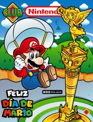  1boy 1girl :d angel angel_wings blue_eyes blue_overalls brown_hair castle clouds commentary_request copyright_name cover crown dress earrings facial_hair fake_magazine_cover falling from_above gloves happy hat highres holding holding_crown jewelry laurel_crown lolo_aburto magazine_cover mario mario_day mexico mexico_city monument mustache nintendo odyssey_(super_mario_odyssey) open_mouth overalls parachute photo-referenced princess_peach red_shirt shirt silhouette sky smile spanish_commentary spanish_text sphere_earrings statue super_mario_bros. super_mario_bros._1 teeth tree white_gloves wings 