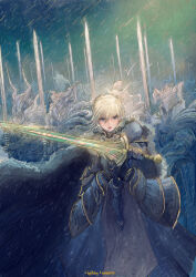  1girl 6+others absurdres alternate_eye_color alternate_weapon armor armored_dress artist_name artoria_pendragon_(fate) blonde_hair blue_eyes cape commentary cuirass dress english_commentary excalibur_(fate/prototype) excalibur_(fate/stay_night) fake_horns fate/grand_order fate_(series) faulds full_armor fur-trimmed_cape fur_trim gauntlets glowing glowing_weapon hair_between_eyes helmet highres holding holding_sword holding_weapon horned_helmet horns knight liguangze looking_at_viewer multiple_others parted_lips pauldrons rain saber_(fate) shoulder_armor solo_focus sword weapon 