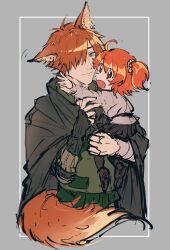 1boy 1girl absurdres aged_down animal_ears cape carrying carrying_person closed_mouth commentary_request fate/grand_order fate_(series) fox_ears fox_tail fujimaru_ritsuka_(female) green_eyes grey_background highres one_side_up open_mouth orange_hair red_eyes robin_hood_(fate) short_hair tail tkc_(tkoshinchan) translation_request 