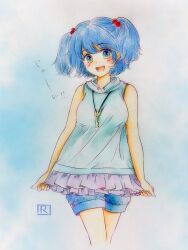  1girl :d blue_background blue_eyes blue_hair blue_shirt blue_shorts blush breasts commentary_request feet_out_of_frame frilled_shirt frills jewelry kawashiro_nitori key key_necklace medium_breasts necklace one-hour_drawing_challenge open_mouth q-bee_(aaru) shirt short_hair shorts skirt_hold sleeveless sleeveless_shirt smile solo touhou traditional_media translation_request two_side_up 