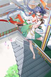  5girls absurdres architecture bare_shoulders barefoot blue_hair bra bridal_gauntlets chinese_clothes chinese_commentary choker commentary_request commission detached_collar detached_sleeves east_asian_architecture from_above full_body hair_between_eyes hair_flowing_over hair_intakes headpiece highres honkai:_star_rail honkai_(series) jewelry leg_up long_hair long_sleeves looking_to_the_side multiple_girls multiple_others orange_eyes outdoors pendant rooftop shade skinny solo_focus standing stomach sugarpop toes underwear yunli_(honkai:_star_rail) 