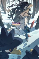  1girl aqua_eyes barefoot brown_cloak brown_hair cloak commission dress eyepatch fang floating_clothes floating_hair footprints forest hair_over_one_eye highres holding_hands hood hooded_cloak long_hair murkrow nature original outdoors pokemon pokemon_(creature) raised_inner_eyebrows red_eyes sneasel snow snowing tree watermark white_dress wulie_errr yellow_eyes 