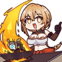  1girl blonde_hair breasts brown_eyes chibi commentary fire girls'_frontline_2:_exilium girls_frontline gloves large_breasts looking_at_viewer open_mouth qiuhua_(girls'_frontline_2) rishe_(reeeeshe) thumbs_up type_97_shotgun_(girls'_frontline) upper_body white_background 