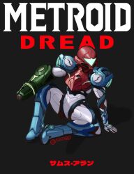 1girl arm_cannon armor artist_name assault_visor black_background character_name copyright_name full_armor highres metroid metroid_dread normal_suit_(metroid) power_armor power_suit_(metroid) samus_aran simple_background sitting suturekey weapon 