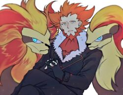  1boy ascot beard black_coat black_gloves black_pants blue_eyes chinstrap_beard coat commentary_request crossed_legs facial_hair facing_another facing_to_the_side fingerless_gloves fur-trimmed_coat fur_trim gloves hair_slicked_back interlocked_fingers invisible_chair leaning_on_person light_particles lion looking_down lysandre_(pokemon) mane own_hands_together pants pokemon pokemon_(creature) pokemon_xy pyroar pyroar_(female) pyroar_(male) rakuko110220 red_ascot red_hair sitting white_background 