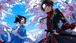  2boys absurdres androgynous bishounen black_coat black_hair blue_eyes blush brown_hair cherry_blossoms clouds coat commentary earrings english_commentary gauntlets highres holding holding_sword holding_weapon jewelry kashuu_kiyomitsu katana long_hair long_sleeves male_focus multiple_boys outdoors parted_hair ponytail red_eyes red_scarf scarf shanuraru sky sword touken_ranbu tree weapon white_scarf yamato-no-kami_yasusada 