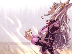  1girl ahoge animal_ears biwa_hayahide_(pf._winning_equation...)_(umamusume) biwa_hayahide_(umamusume) black_shirt bow breasts clenched_hands collared_shirt commentary_request ear_ornament facing_up from_side glasses grey_hair hair_between_eyes hair_ornament horse_ears horse_girl horse_tail jacket large_breasts long_hair long_sleeves outdoors peeta purple_jacket rain red-framed_eyewear red_bow semi-rimless_eyewear shirt solo tail textless_version umamusume under-rim_eyewear white_hair 