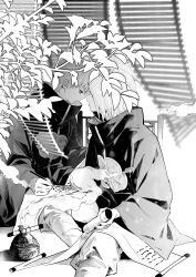  2boys absurdres akatsuki_uniform asymmetrical_bangs bad_source blind closed_mouth deidara_(naruto) dixieyyds expressionless face-to-face hair_over_one_eye high_ponytail highres holding holding_pen holding_scroll imminent_kiss implied_yaoi indoors leaf looking_at_another male_focus medium_hair monochrome multiple_boys naruto_(series) naruto_shippuuden pants pen plant ponytail robe sasori_(naruto) scroll short_hair sitting smoke writing 