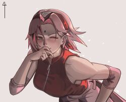  1girl blush commentary crop_top facial_mark forehead_mark forehead_protector green_eyes haruno_sakura highres naruto_(series) naruto_shippuuden ninja pink_hair shitakara4 solo 