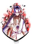  1boy artist_name black_hair cowboy_shot facial_mark floating_hair highres horns japanese_clothes kimono leslychoco15 long_hair long_sleeves looking_at_viewer male_focus ootsutsuki_isshiki open_clothes open_kimono parted_lips single_horn solo straight_hair white_background white_kimono wide_sleeves 