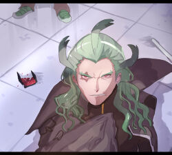  1boy angry behind_another black_coat blonde_hair broken_eyewear brown_cloak brown_pants clenched_teeth cloak coat commentary_request drop_shadow facing_viewer ghetsis_(pokemon) green_shorts hair_slicked_back hand_on_own_chest hand_under_clothes high_collar looking_up male_focus outside_border pants pokemon pokemon_bw2 red-tinted_eyewear red_eyes scar scar_across_eye scar_on_face scouter shorts teeth tinted_eyewear upper_body wavy_hair xxpavilion 