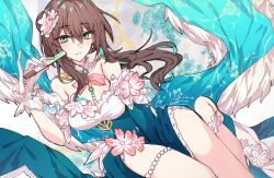  1girl aqua_eyes aqua_gem aqua_hair bare_shoulders barefoot blue_dress blue_flower blue_sleeves blush bow bowtie bracelet breasts brown_hair chinese_clothes closed_mouth commentary_request cowboy_shot detached_sleeves dress earrings floating_clothes floral_background floral_print flower flower_ornament fur-trimmed_sleeves fur_trim gem gloves grey_background hair_between_eyes hair_bun hair_flower hair_ornament half-closed_eyes hand_fan hand_up holding holding_fan honkai:_star_rail honkai_(series) jewelry kinona large_breasts long_hair long_sleeves looking_to_the_side low_ponytail multicolored_hair necklace official_alternate_costume official_alternate_hairstyle pearl_bracelet pearl_earrings pearl_necklace pendant pink_bow pink_bowtie pink_flower ponytail ruan_mei_(honkai:_star_rail) ruan_mei_(plumblossom_letter)_(honkai:_star_rail) sidelocks single_earring sleeveless sleeveless_dress solo thigh_strap two-tone_hair wavy_hair white_gloves wide_sleeves 