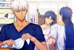  2boys akujiki59 archer_(fate) blue_hair blue_shirt brushing_teeth closed_mouth collarbone commentary_request cu_chulainn_(fate) drooling earrings fate_(series) jewelry male_focus mirror morning multiple_boys reflection shirt sleepy spoken_squiggle squiggle toothbrush toothpaste white_hair zzz 