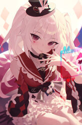  1girl absurdres arm_up bare_legs bare_shoulders belt black_gloves black_hat bow_garter_belt braid breasts clothing_cutout club_(shape) commentary_request cowboy_shot detached_sleeves diamond_(shape) diamond_facial_mark diamond_on_cheek doll facial_mark fingernails frilled_skirt frills gloves hand_on_ground hand_on_own_face hat hat_ornament head_tilt heart heart_facial_mark heart_print highres honkai:_star_rail honkai_(series) lip_balm long_hair looking_at_viewer mini_hat mini_top_hat multicolored_hair nail_polish pink_eyes pink_nails plaid_clothes plaid_skirt plaid_sleeves rabbit_ear_headwear rabbit_hat_ornament shoulder_cutout single_glove sitting skirt smile solo songyang_syouyou sparkle_(honkai:_star_rail) sparxie_(honkai:_star_rail) streaked_hair supplicant_mask top_hat twintails upper_body very_long_hair white_hair 