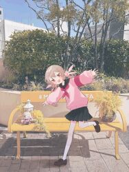  1girl :d armband bench black_sailor_collar black_skirt blush_stickers brown_hair brown_shoes double-parted_bangs fang full_body hair_ornament hashtag-only_commentary highres indie_virtual_youtuber jitome kurumi_sumire long_sleeves looking_at_viewer natori_sana neckerchief open_mouth outstretched_arms photo_background pink_sweater pleated_skirt rabbit_hair_ornament red_eyes red_neckerchief sailor_collar sana_channel school_uniform serafuku shoes short_hair skin_fang skirt smile socks solo spread_arms standing standing_on_one_leg sweater white_socks 