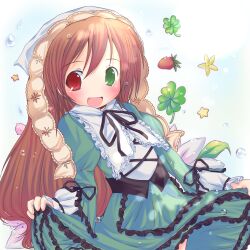 1girl 2000s_(style) blush brown_hair canihavepromo classic_lolita dress duplicate headscarf heterochromia highres lace_lappet lolita_fashion long_hair long_sleeves lottie_(gravyalloverhim) open_mouth rozen_maiden skirt_hold suiseiseki white_coif white_headscarf
