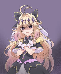  1girl absurdres antenna_hair black_bow black_bowtie black_capelet black_dress blonde_hair bow bowtie braid brooch capelet chinese_commentary commentary_request covering_chest covering_privates cowboy_shot crown_braid cure_arcana_shadow diamond_hairband dress empty_eyes frilled_capelet frilled_cuffs frills frown gloom_(expression) gradient_hair hair_bow hair_intakes heart heart_brooch highres jewelry jim6581156 long_hair looking_at_viewer magical_girl meitantei_precure! moria_luluka multicolored_hair open_mouth precure purple_veil solo standing sweatdrop textless_version veil very_long_hair violet_eyes 