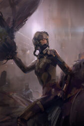  1girl 1other ambiguous_gender borkur closed_mouth commentary english_commentary eve:_valkyrie eve_online gloves grey_theme helmet highres lips long_sleeves nose photoshop_(medium) pilot pilot_helmet science_fiction solo valkyrie_(eve_online) 