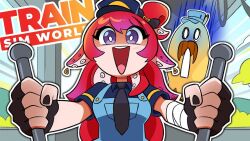  1girl alternate_costume bandaged_arm bandages berrycrepe black_gloves black_nails black_necktie blue_hat blue_overalls blue_shirt blush bright_pupils cheriiart collared_shirt commentary copyright_logo copyright_name english_commentary eyelashes facial_hair father_and_daughter fingerless_gloves fingernails gloves hat indie_virtual_youtuber logo long_hair mustache nail_polish necktie o_o official_art open_mouth outline overalls purins_(berrycrepe) red_hair second-party_source shirt short_sleeves smile teeth tentacle_hair train_sim_world upper_teeth_only video_thumbnail violet_eyes virtual_youtuber white_outline white_pupils youtube_video_thumbnail 